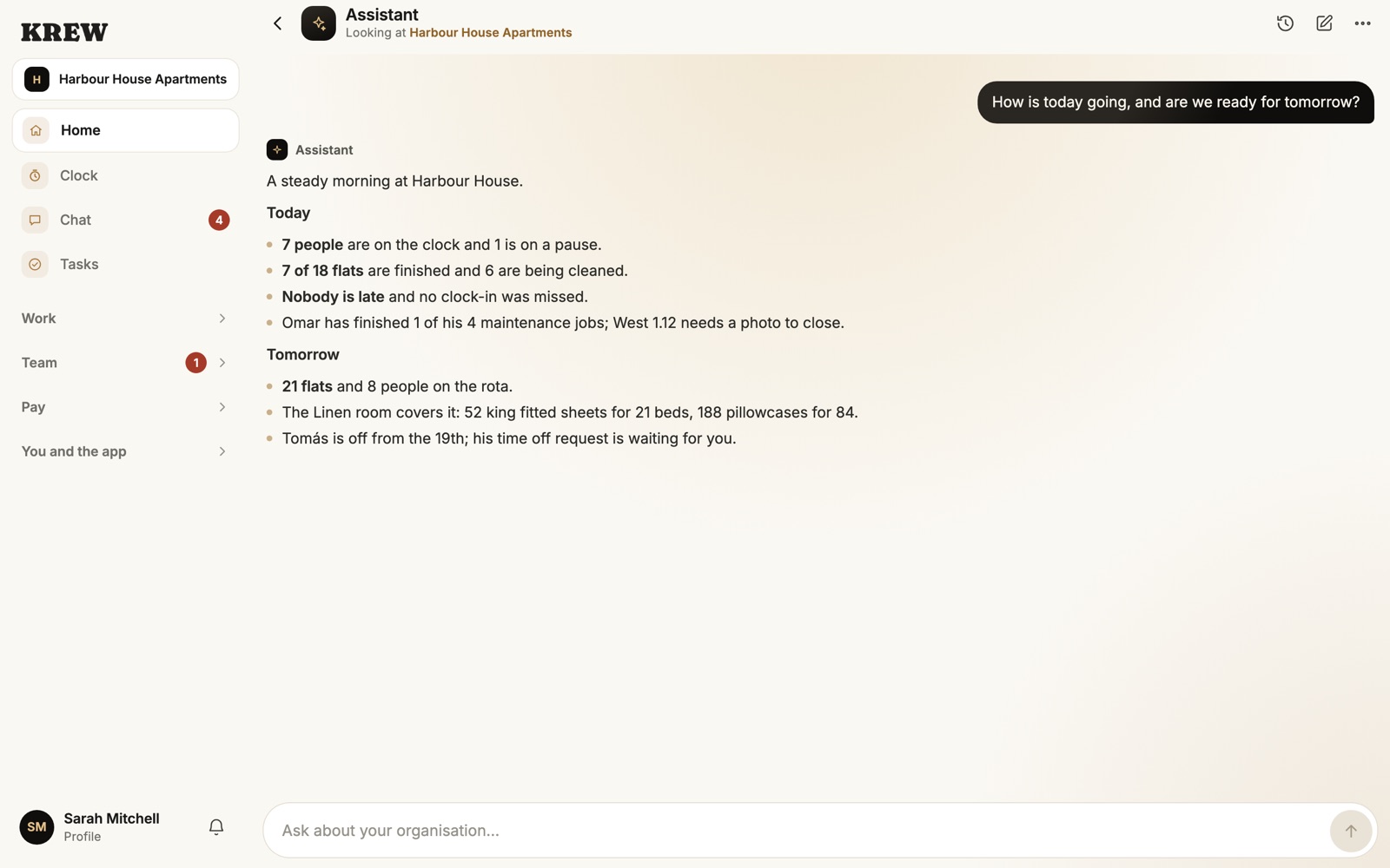 Krew on a Mac: the Assistant answering how today is going and whether tomorrow is ready