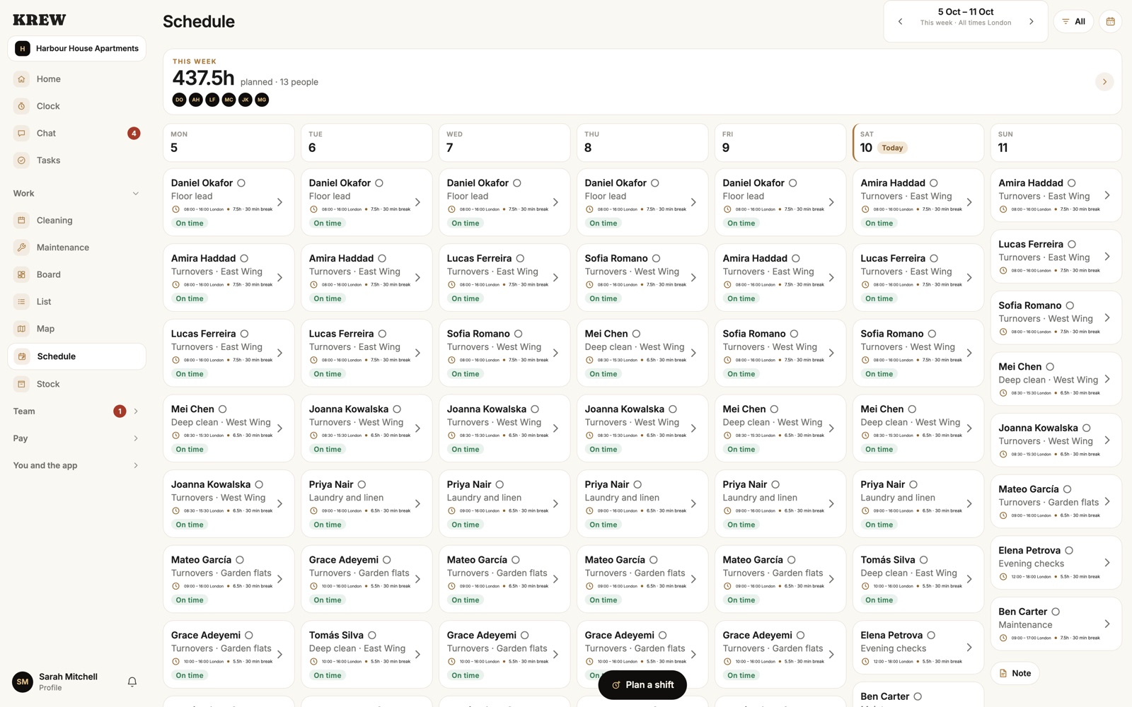 Krew on a Mac: the week's schedule, every shift marked on time