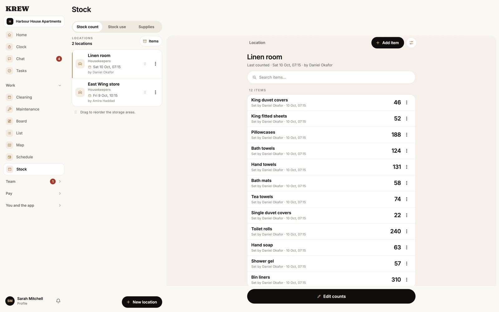 Krew on a Mac: the Linen room's stock count, item by item