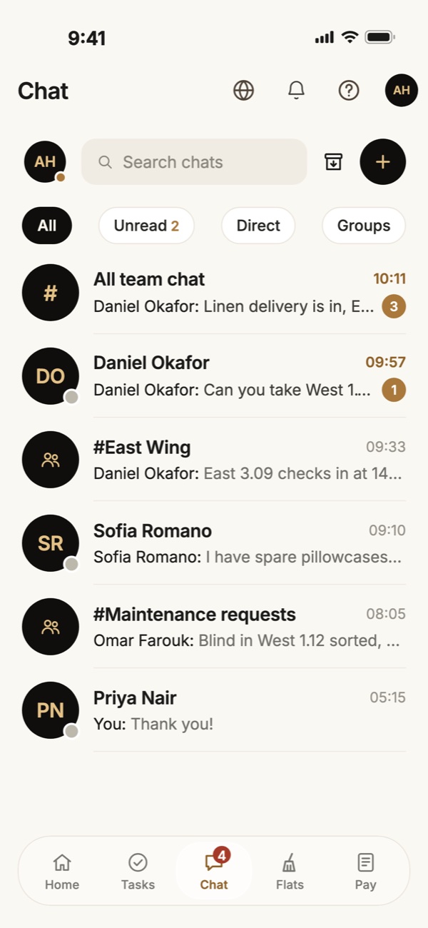 Krew on iPhone: the team chat, direct messages and wing groups