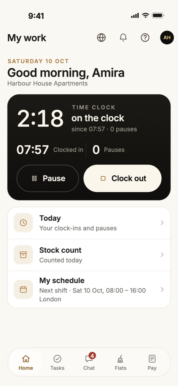 Krew on iPhone: a housekeeper clocked in since 07:57, with Pause and Clock out