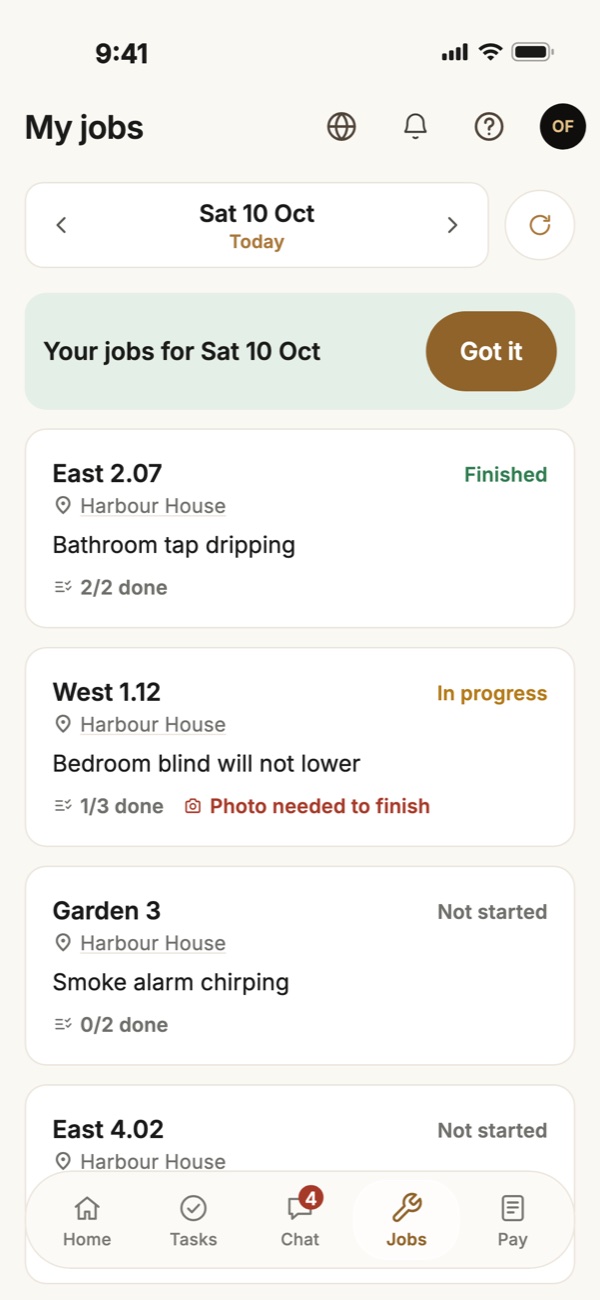 Krew on iPhone: a handyman's maintenance jobs for today, one waiting for a photo